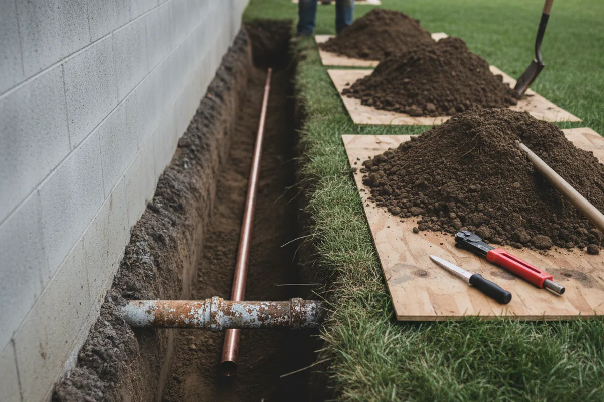 Excavated water line trench during Water Heater Repair in Cortez
